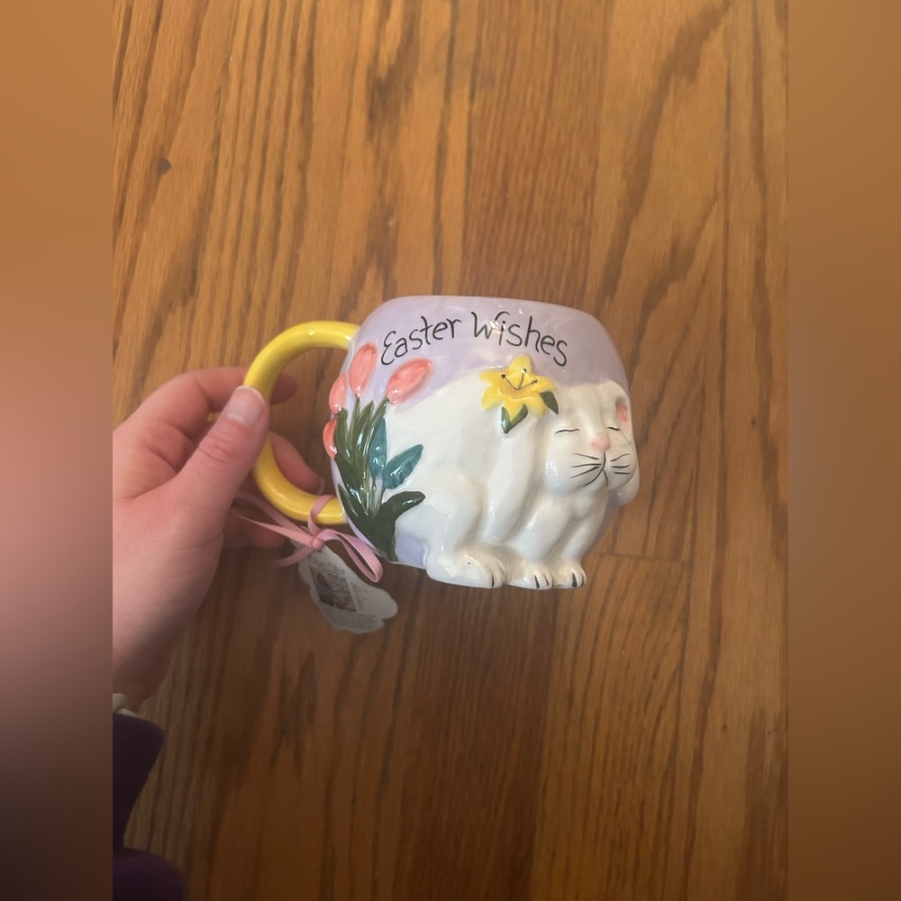 Blue Sky Clayworks Adorable Purple White Easter Bunny “Easter Wishes” Mug - NWT